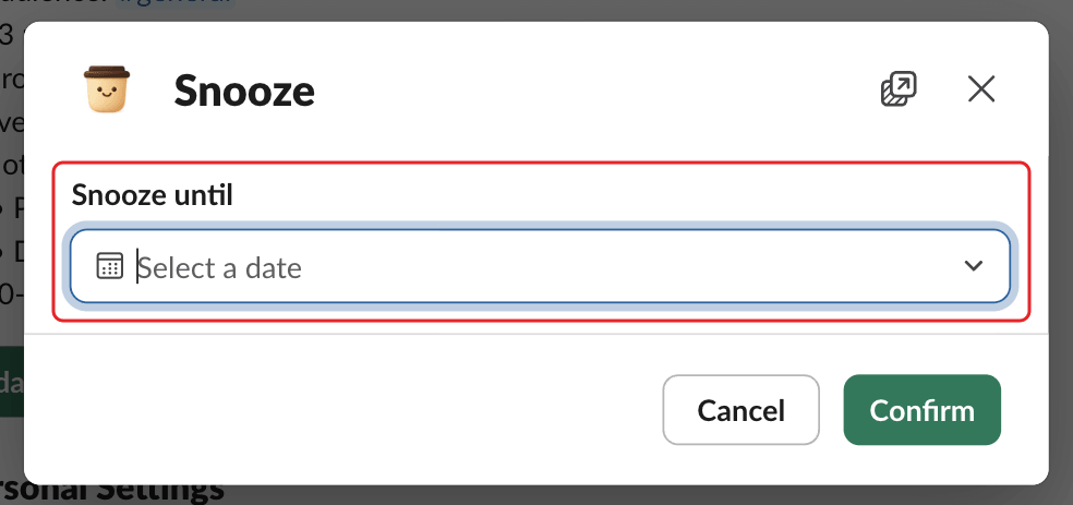The Snooze window in Slack, with the Snooze until date picker highlighted