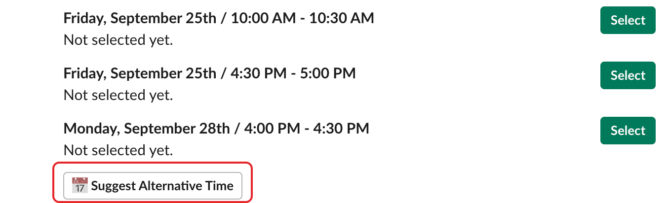 A group DM with Alfy, with the Suggest Alternative Time button highlighted
