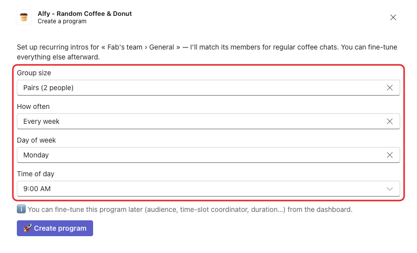 The Create a program dialog in Microsoft Teams, with the Group size, How often, Day of week and Time of day fields highlighted