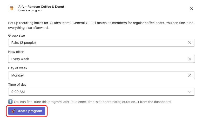 The Create a program dialog in Microsoft Teams, with the Create program button highlighted