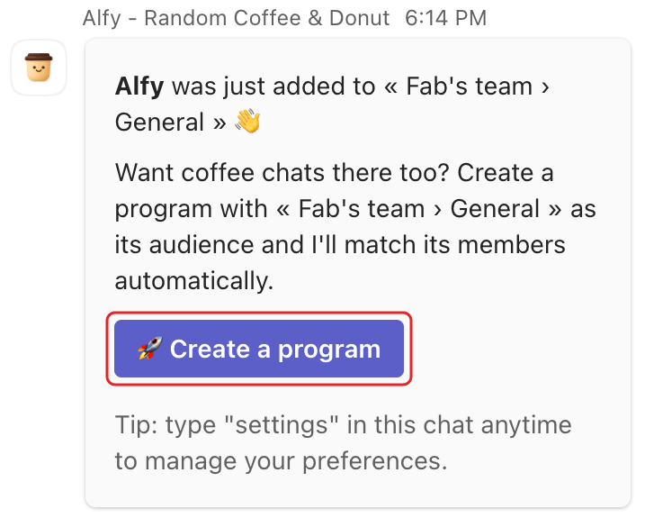 Alfy's message in Microsoft Teams saying it was added to a channel, with the Create a program button highlighted