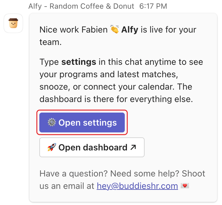 Alfy's message in Microsoft Teams saying Alfy is live for your team, with the Open settings button highlighted