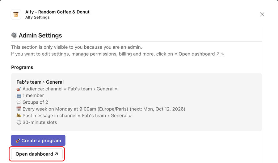 The Admin Settings section of the Alfy Settings dialog in Microsoft Teams, with the Open dashboard button highlighted