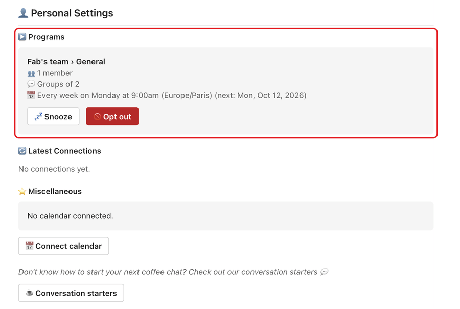 The Personal Settings section of the Alfy Settings dialog in Microsoft Teams, with the Programs section highlighted