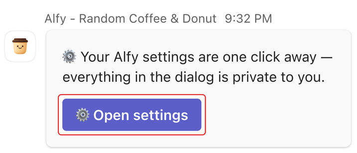 Alfy's reply to the settings command in Microsoft Teams, with the Open settings button highlighted