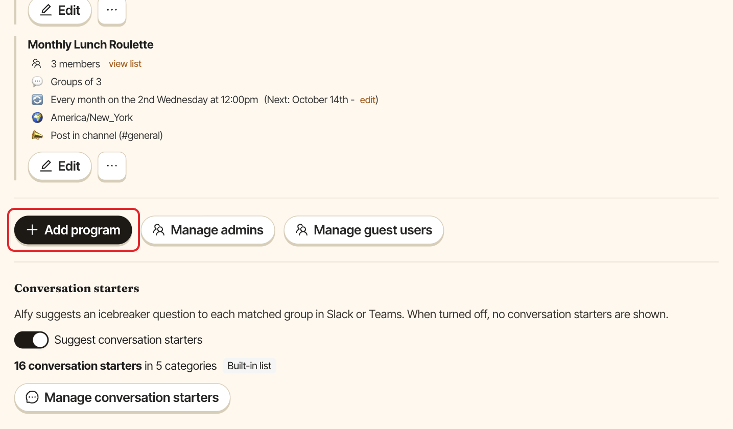 The Alfy admin settings, with the Add program button highlighted