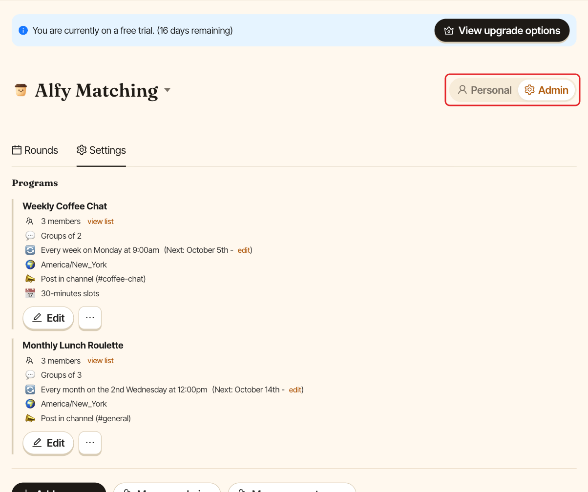 The Alfy dashboard header, with the Personal and Admin toggle highlighted