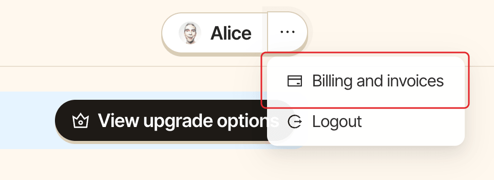 The ··· menu at the top right of the web dashboard, with Billing and invoices highlighted
