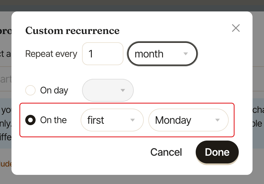 The Custom recurrence dialog set to monthly, with the On the row highlighted