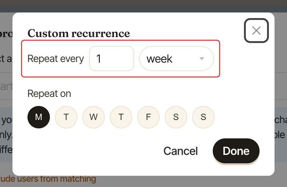 The Custom recurrence dialog, with the Repeat every row highlighted