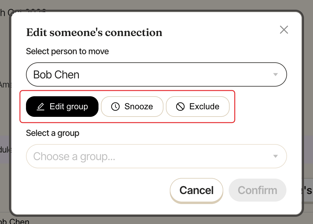 The Edit connection window, with the Edit group, Snooze and Exclude tabs highlighted