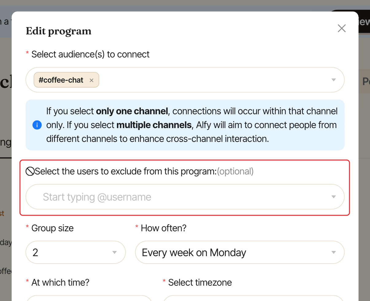 The Edit program window, with the excluded users field highlighted