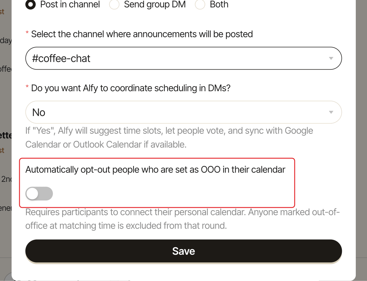 The Edit program window, with the out-of-office switch highlighted