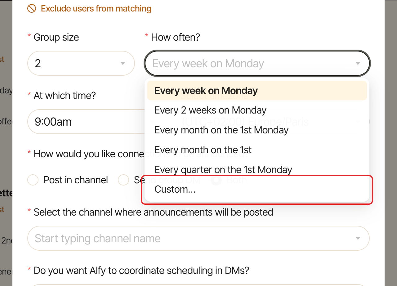 The How often? dropdown, with the Custom option highlighted