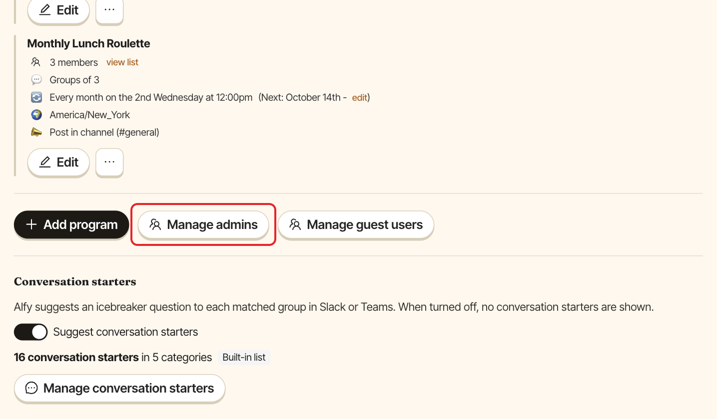 The Alfy admin settings, with the Manage admins button highlighted