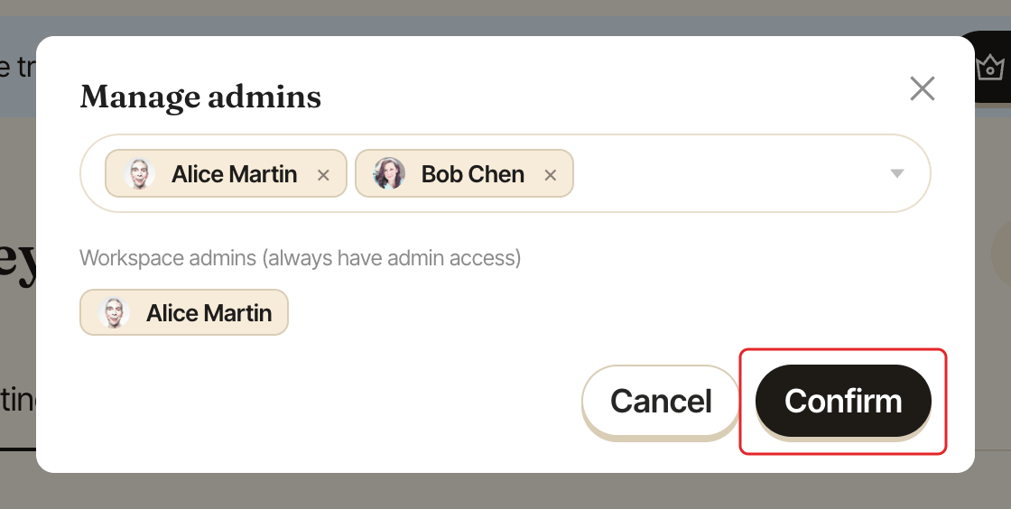 The Manage admins window, with the Confirm button highlighted