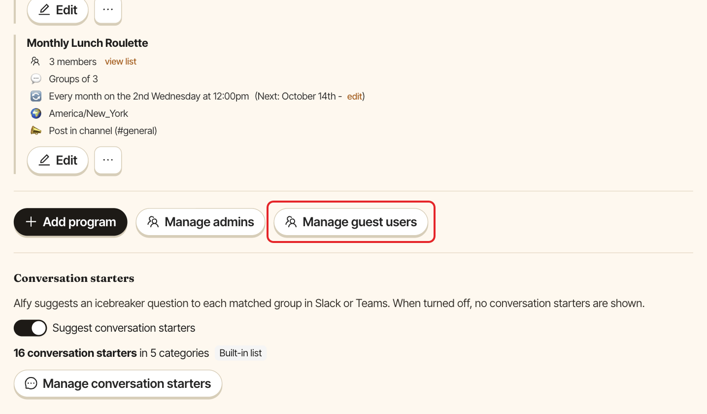 The Alfy admin settings, with the Manage guest users button highlighted