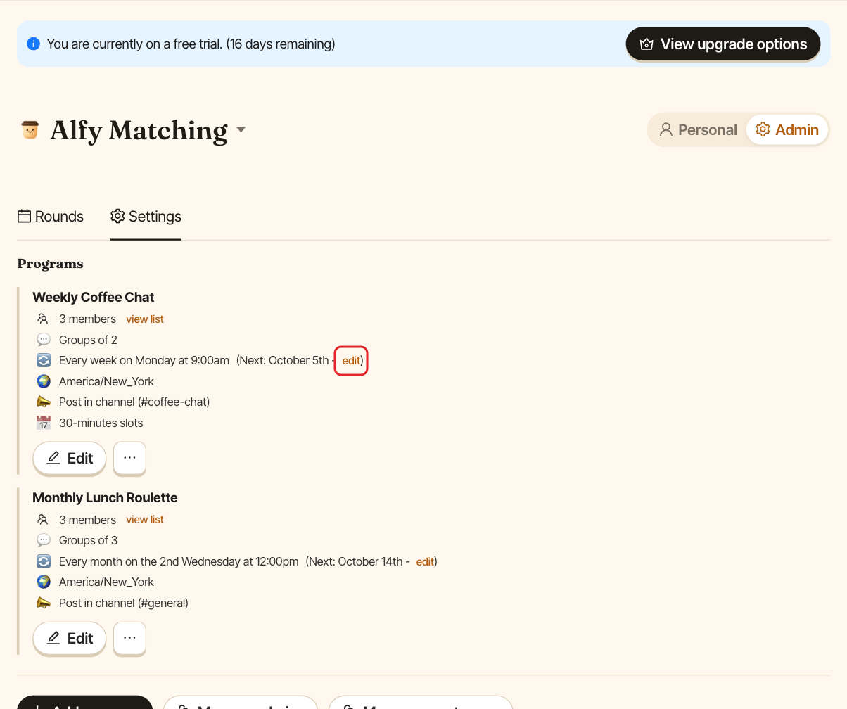 A program card in the Alfy dashboard, with the edit link next to the next round date highlighted