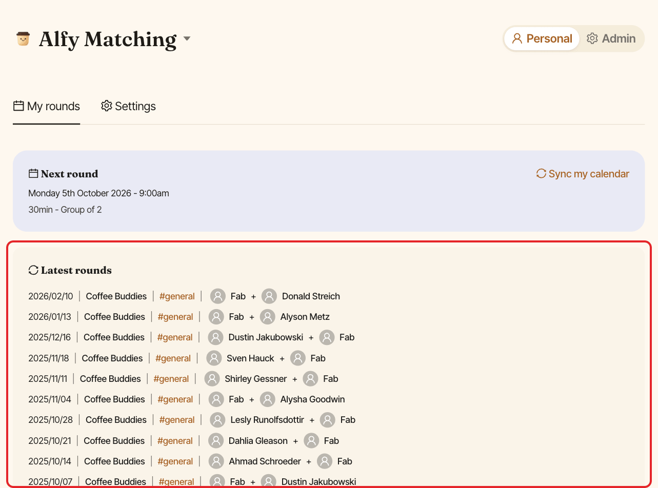 The My rounds page, with the Latest rounds list highlighted
