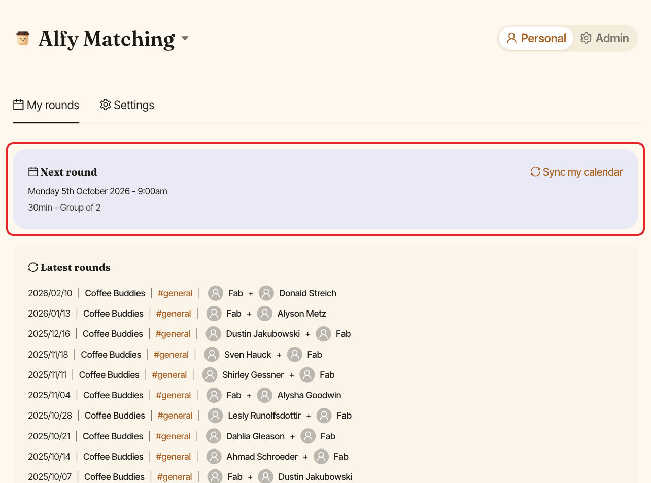 The My rounds page, with the Next round box highlighted