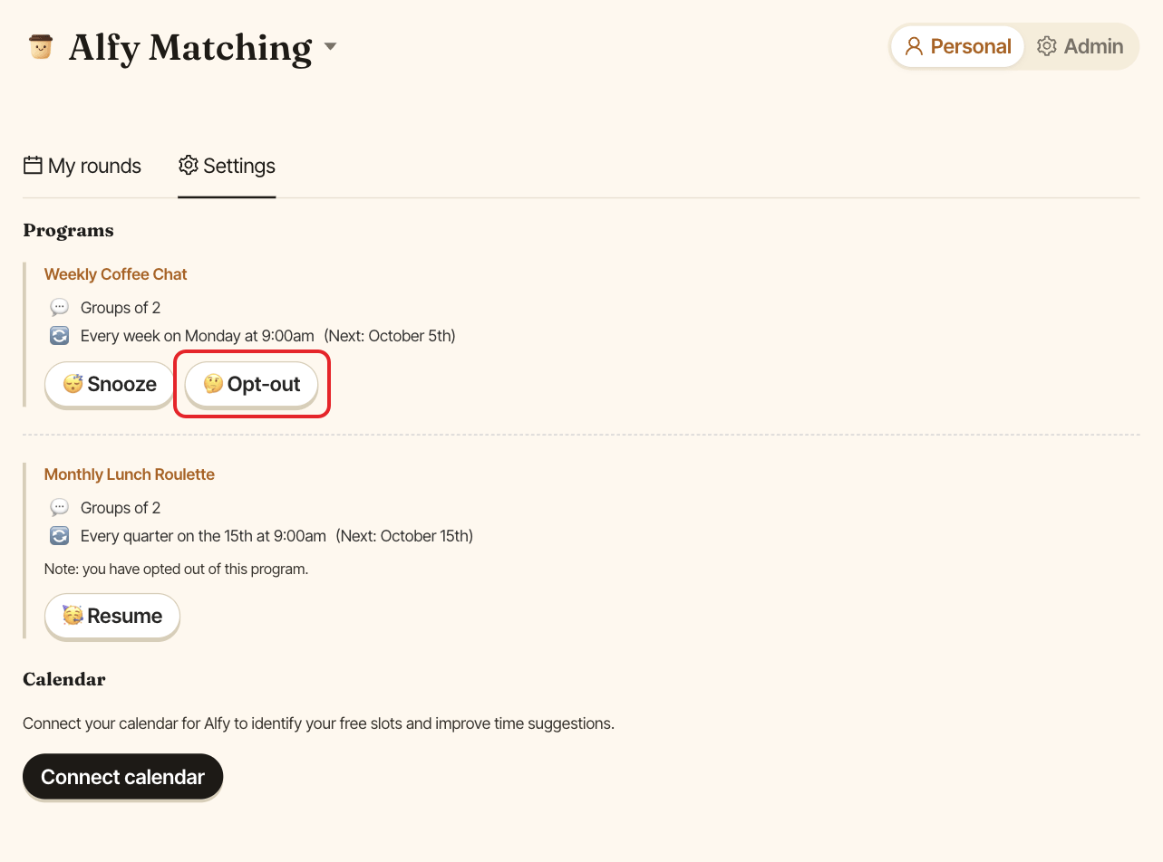 A program card in Alfy's personal settings, with the Opt-out button highlighted