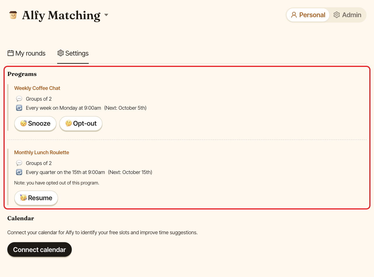 Alfy's personal settings, with the Programs section highlighted