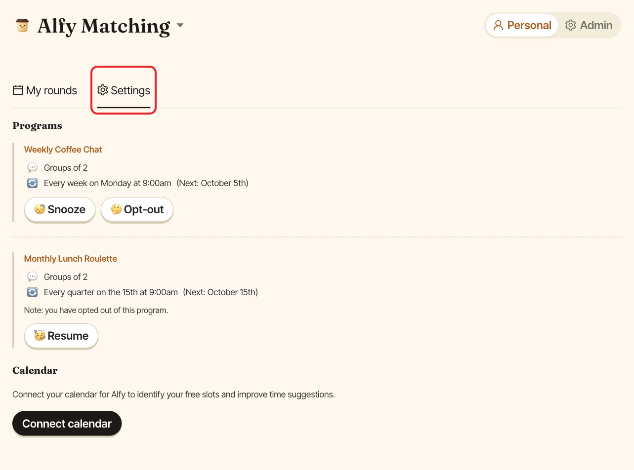Alfy's personal dashboard, with the Settings tab highlighted