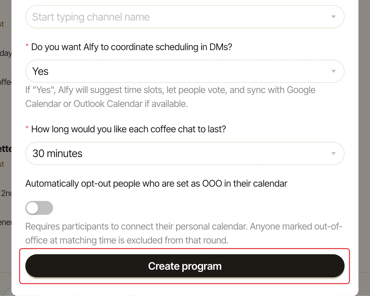 The Add program window, with the Create program button highlighted