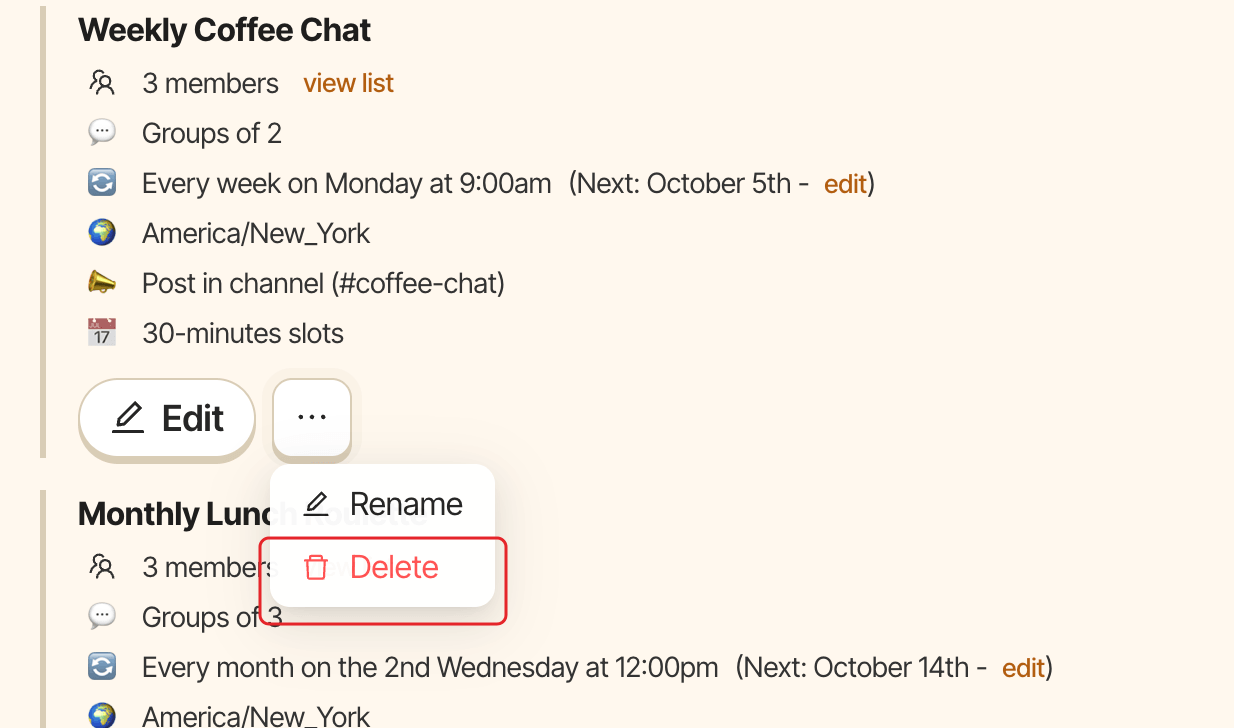 The program card menu, with Delete highlighted