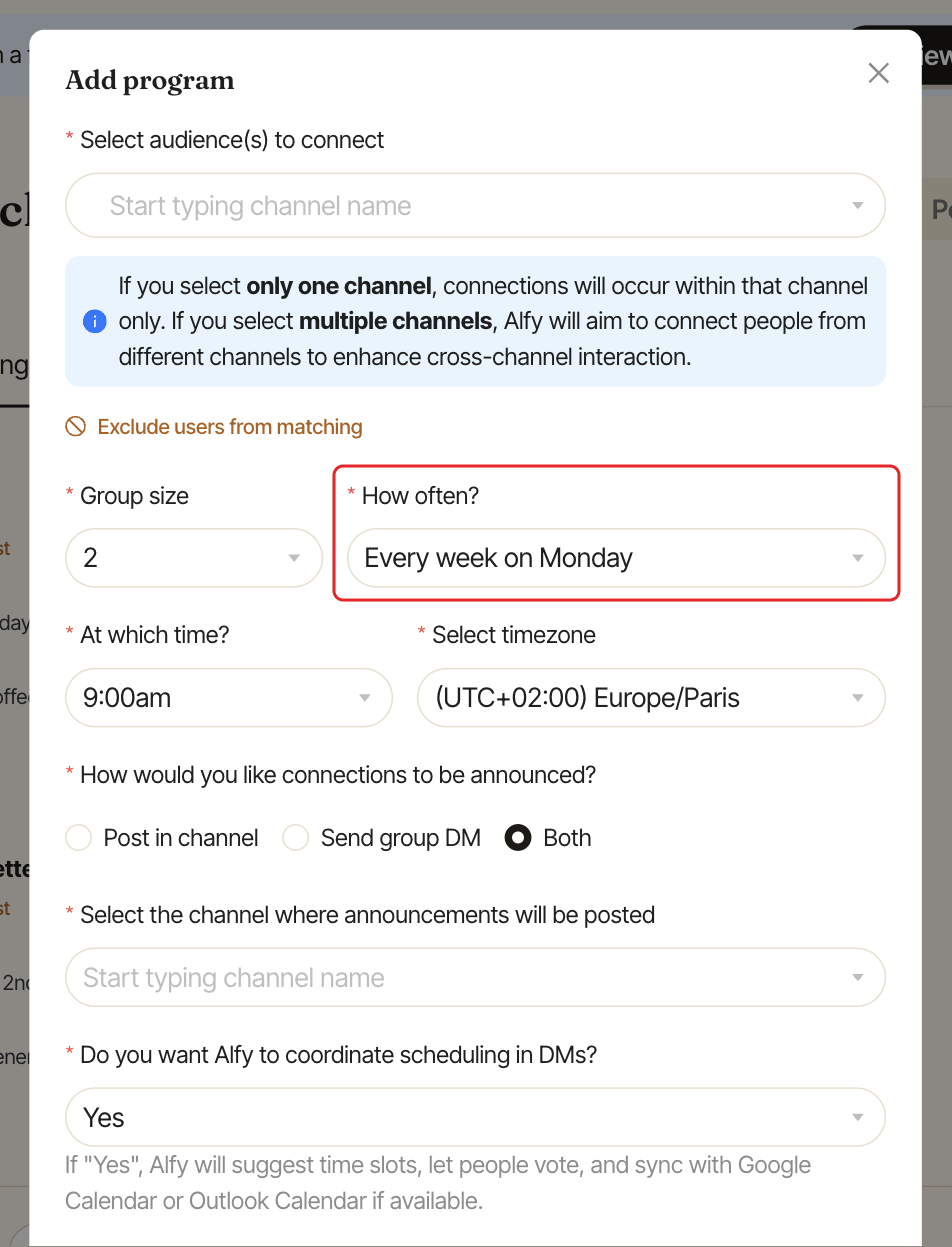 The Add program window, with the How often? field highlighted