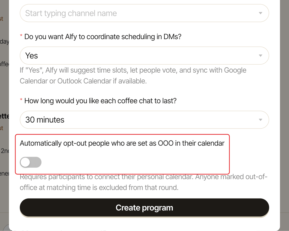 The Add program window, with the out-of-office switch highlighted