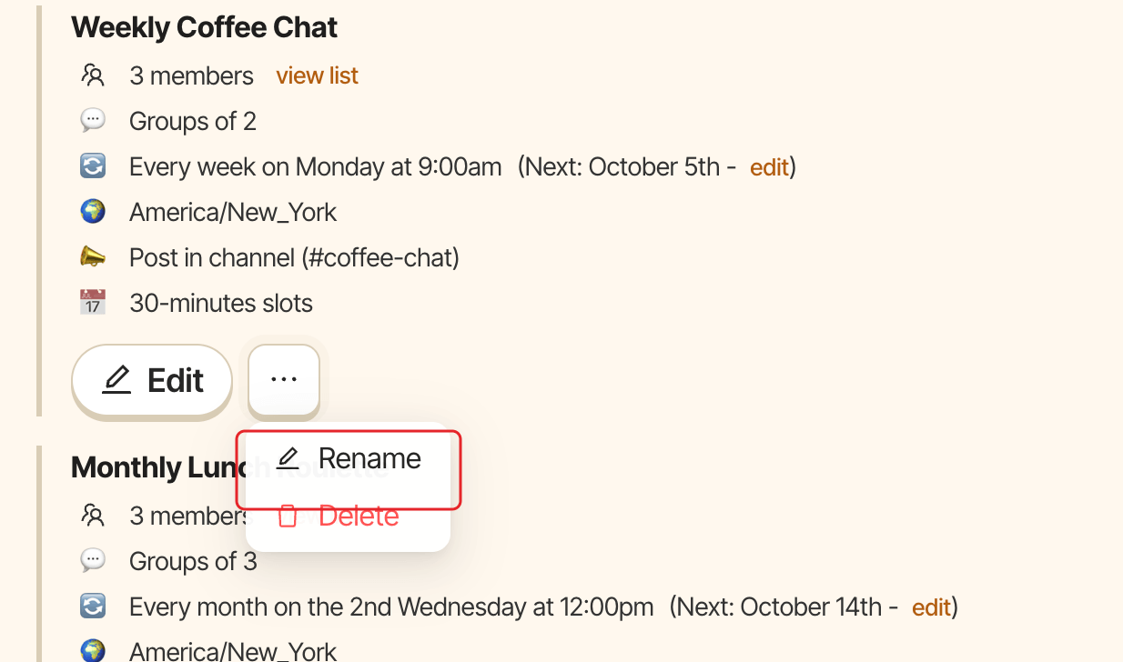 The program card menu, with Rename highlighted