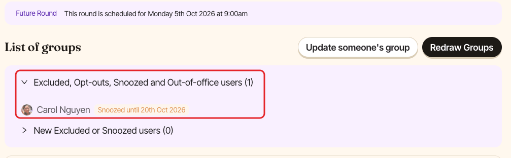 The details of an upcoming Alfy round, with the Excluded, Opt-outs, Snoozed and Out-of-office users section highlighted