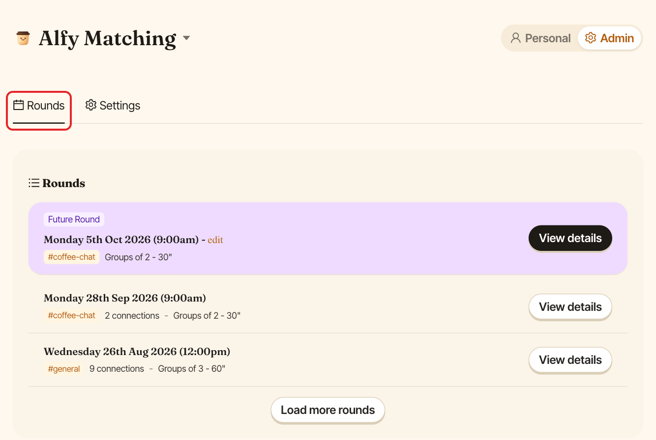 The Alfy admin dashboard, with the Rounds tab highlighted