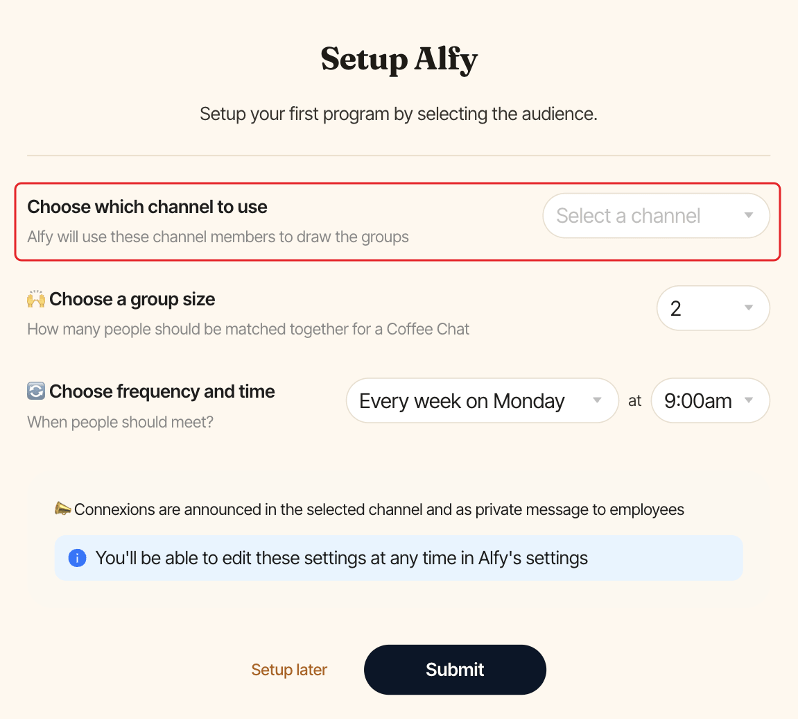 The Setup Alfy page, with the channel field highlighted