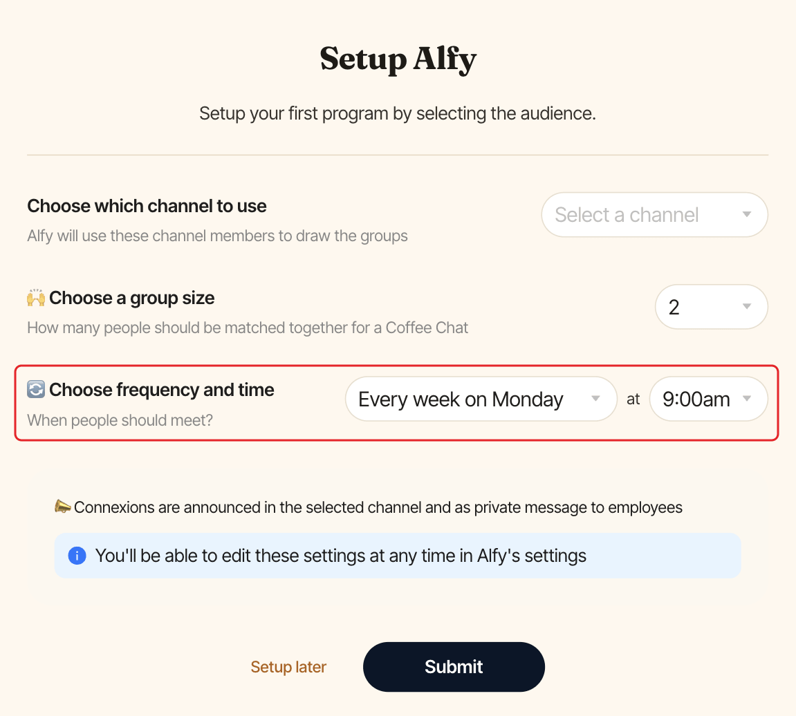 The Setup Alfy page, with the frequency and time row highlighted