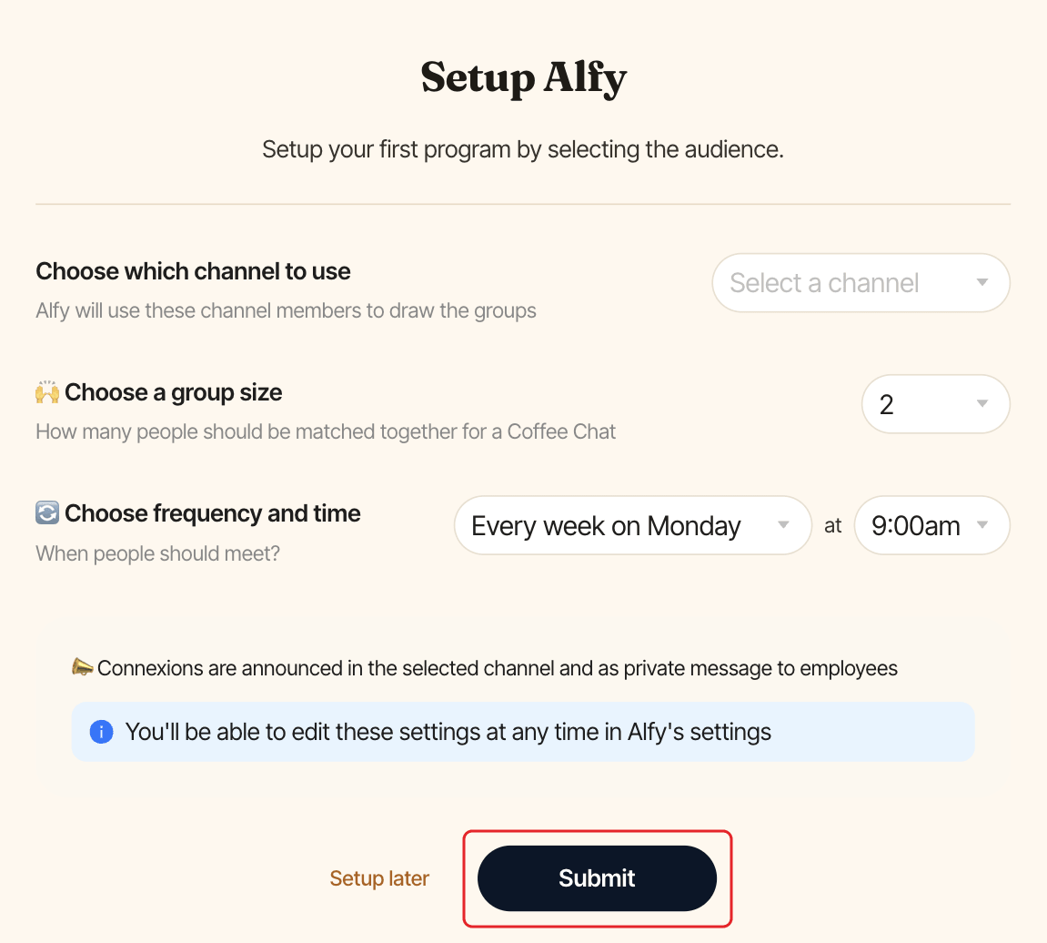 The Setup Alfy page, with the Submit button highlighted