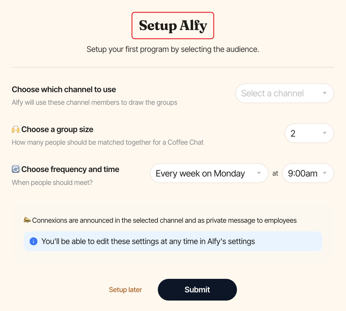 The Setup Alfy page, with the page title highlighted