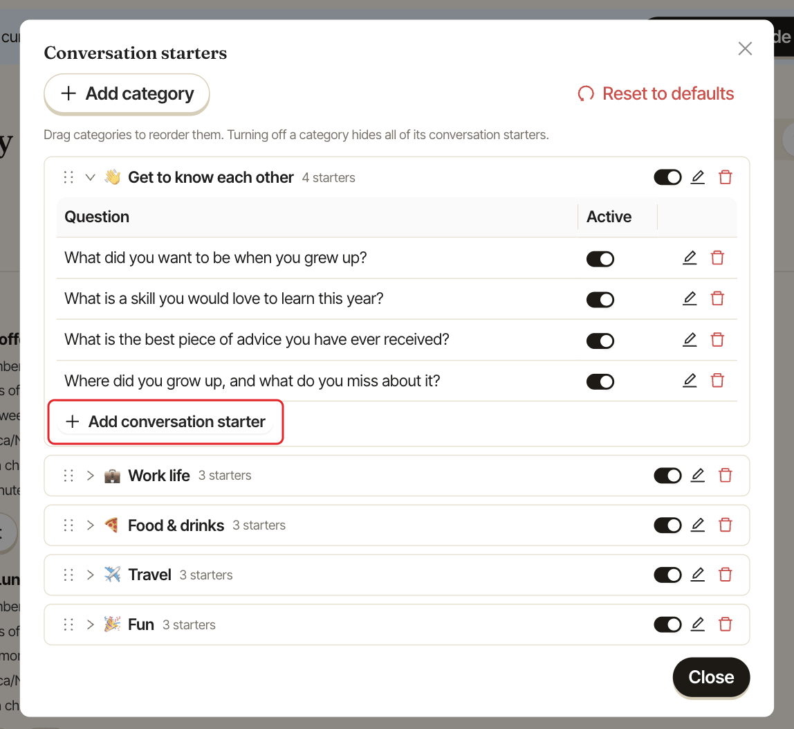 The customized Conversation starters window, with the Add conversation starter button highlighted