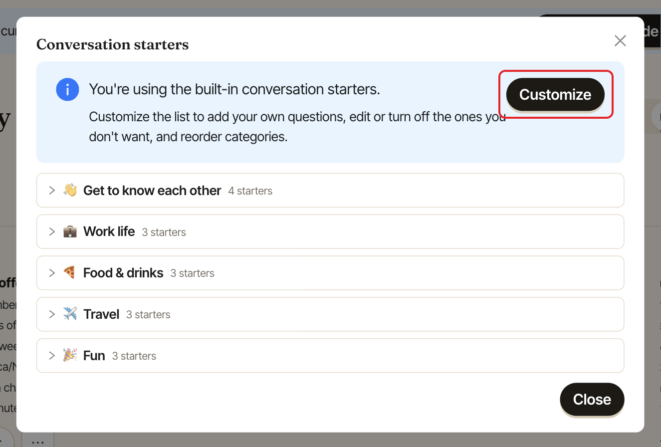 The Conversation starters window, with the Customize button highlighted