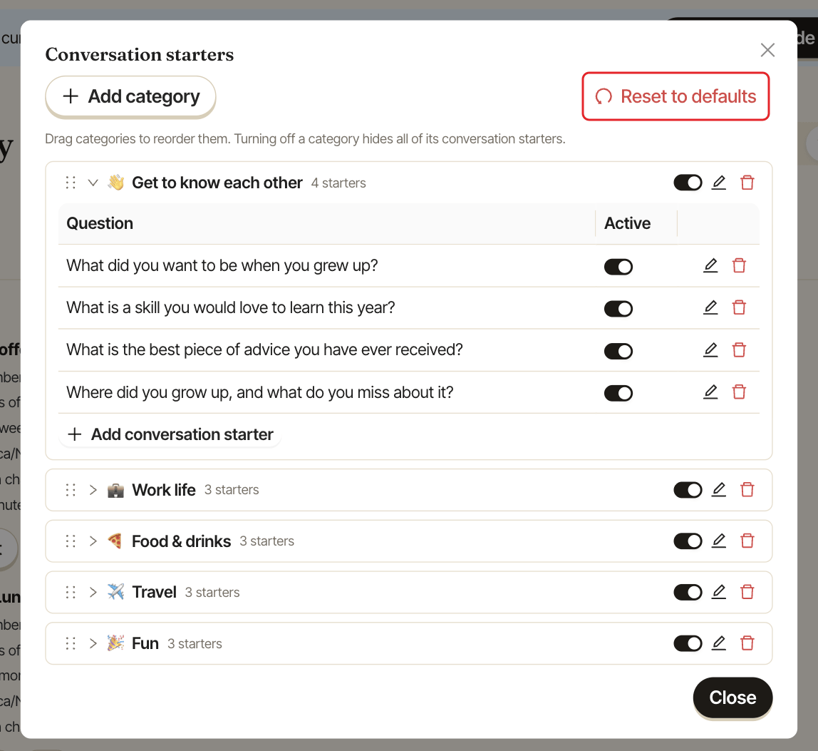 The customized Conversation starters window, with the Reset to defaults button highlighted