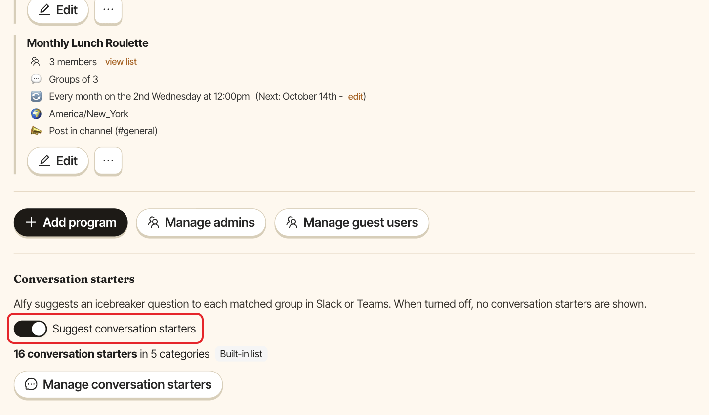 The Alfy admin settings, with the Suggest conversation starters switch highlighted