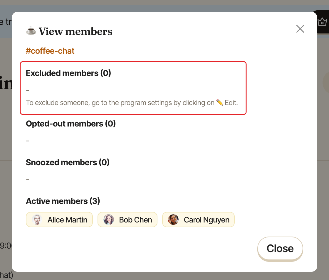 The View members window, with the Excluded members section highlighted