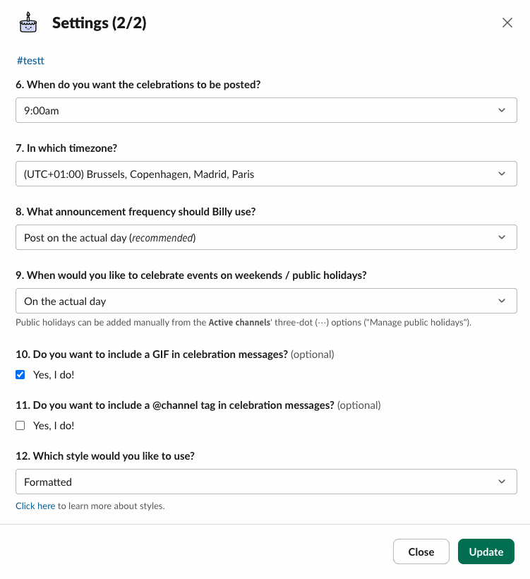 The Settings (2/2) form with announcement time, timezone, frequency, weekend handling, GIF, @channel and style options