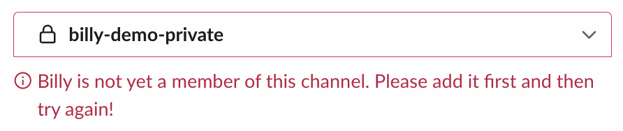 Error message saying Billy is not yet a member of the private channel