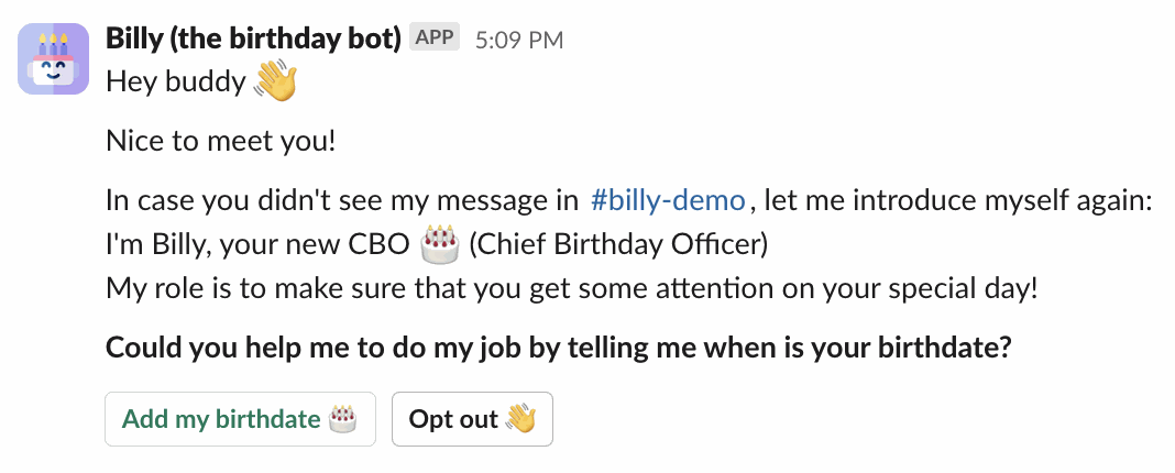 Billy's welcome message asking a member for their birthdate, with Add my birthdate and Opt out buttons