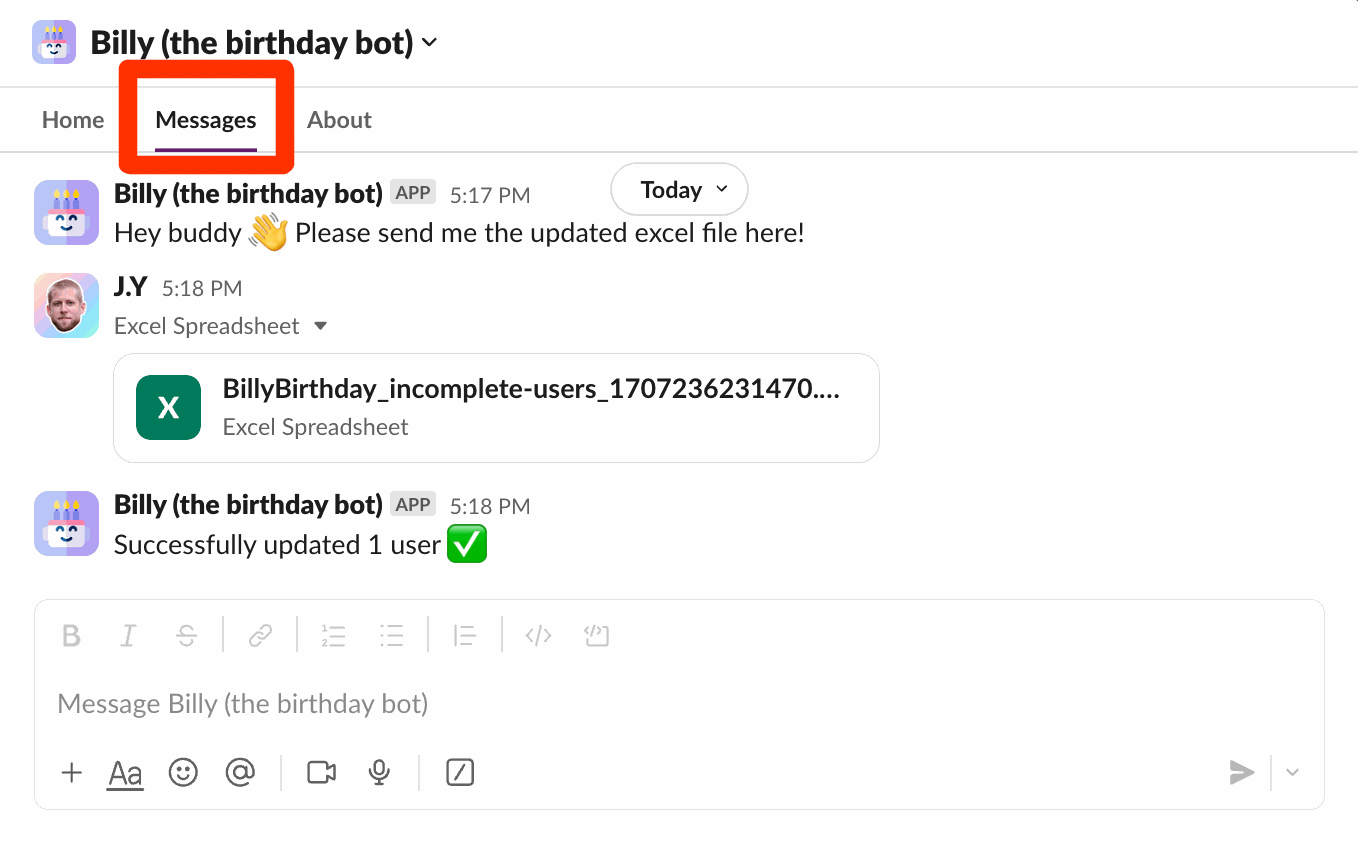 Billy's Messages tab showing an uploaded Excel file and Billy replying "Successfully updated 1 user"