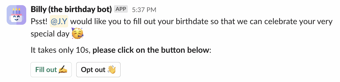 Billy's message asking a member to fill out their birthdate, with Fill out and Opt out buttons