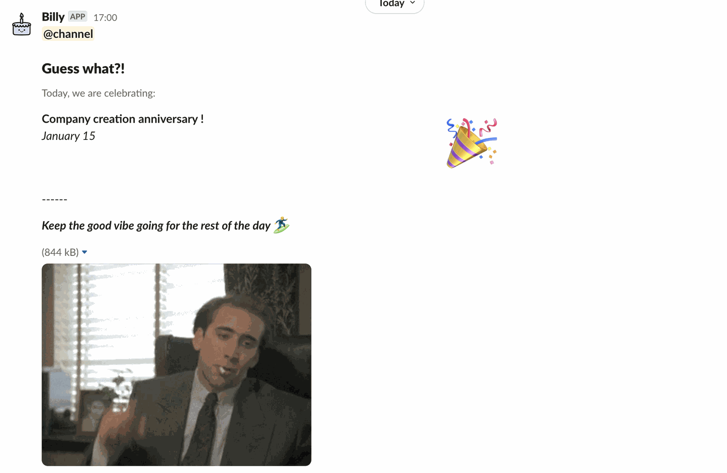 A Billy announcement in Slack celebrating the company creation anniversary on January 15, with a GIF