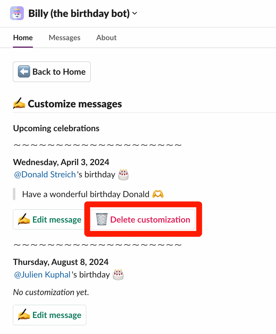 A customized celebration with the Delete customization button highlighted